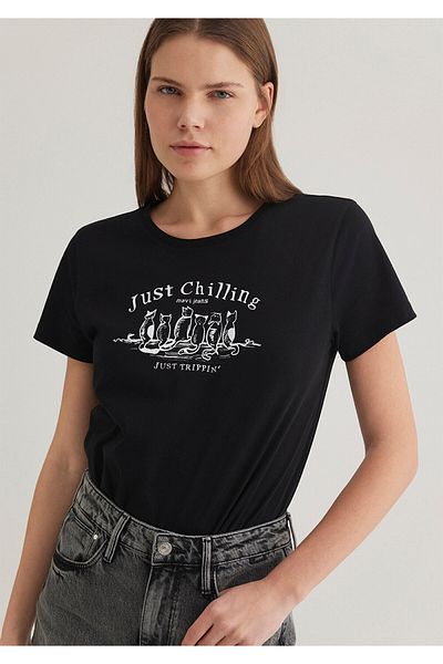 Mavi Cat Printed Black T-Shirt Semi Slim Fit / Semi Slim Fit 1612940-900