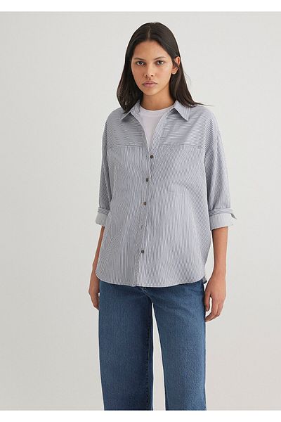 Mavi Cămașă albastră cu dungi Oversize / Croială largă 1211069 -89153