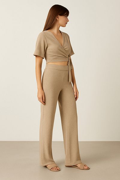 MODA Kraveze Spanish Sleeve Leg Crop Double Tracksuit Set Summer Casual Sports Combination V-Neck