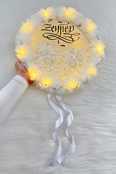 ZEYMERADE Beyaz Ledli Şeffaf Kaligrafi Gelin Tefi 32cm Vip Güpürlü Ve 3d Çiçe...