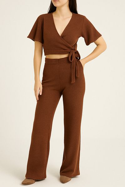 MODA Kraveze Spanish Sleeve Leg Crop Double Tracksuit Set Summer Casual Sports Combination V-Neck