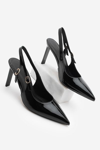 Marjin Women's Stiletto Pointed Toe Open Back Scarf Buckle Heeled Shoes Pelovi Black Patent Leather
