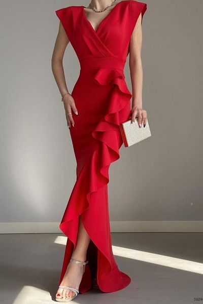 ALFUDO Moda Collection Γυναικείο κόκκινο ύφασμα κατάδυσης με διπλό στήθος γιακά φούστα Flounce βραδινό φόρεμα αποφοίτησης νυφικό
