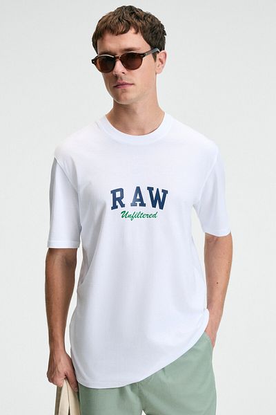 GRIMELANGE Tasty Men's 100% Cotton Oversize Fit Printed Short Sleeve Round Neck White T-Shirt