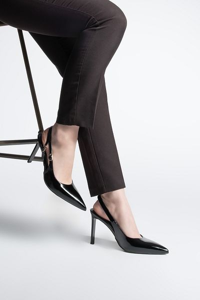 Marjin Women's Stiletto Pointed Toe Open Back Scarf Buckle Heeled Shoes Pelovi Black Patent Leather