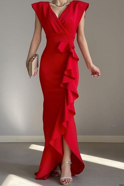 ALFUDO Moda Collection Γυναικείο κόκκινο ύφασμα κατάδυσης με διπλό στήθος γιακά φούστα Flounce βραδινό φόρεμα αποφοίτησης νυφικό
