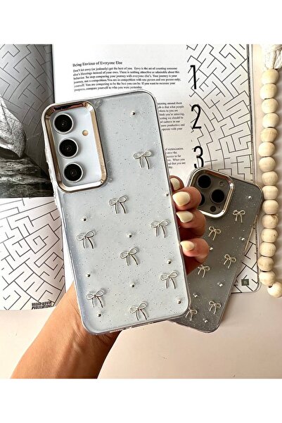 MustCase Samsung Galaxy S24 FE Telefon Kılıfı Fiyonk Desenli Şeffaf Kılıf Simli Parlak Kapak