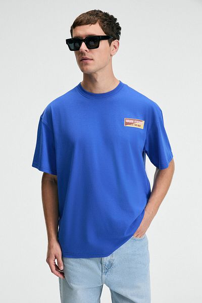 GRIMELANGE Snack Men's Oversize Fit 100% Cotton Printed Round Neck Saks Blue T-Shirt