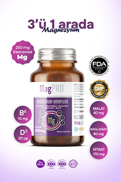 MagPRO Magnezyum (SİTRAT, MALAT, BİSGLİSİNAT) Complex 250 Mg Vitamin B6 & Vit...