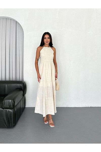 MODAMOR Necklace Linen Dress-Ekru