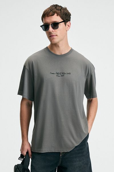 GRIMELANGE Pop Men's 100% Cotton Oversize Fit Printed Short Sleeve Round Neck Gray T-Shirt