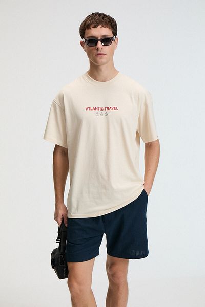 GRIMELANGE Crunch Men's Oversize 100% Cotton Printed Round Neck Vanilla T-Shirt
