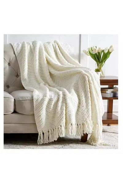 Generic Knitting Knitwear Tv Blanket Throw Blanket Beige Knitted Sofa Shawl With Tassels