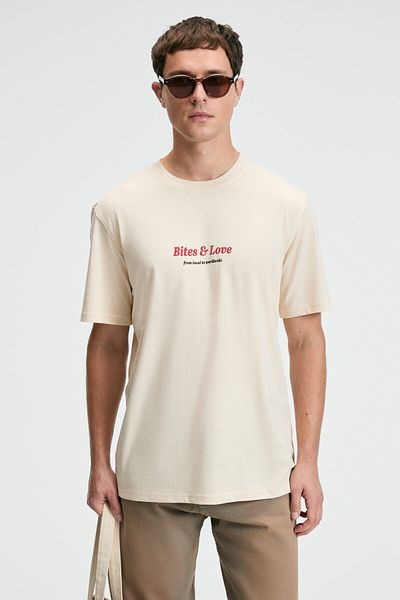 GRIMELANGE Bite Men's Oversize 100% Cotton Printed Round Neck Vanilla T-Shirt