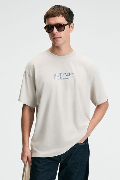GRIMELANGE Veyron Men's 100% Cotton Oversize Fit Printed Short Sleeve Round Neck Beige T-Shirt