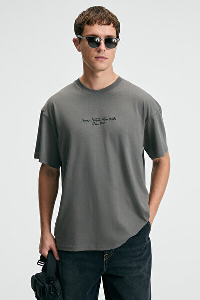 GRIMELANGE Pop Men's 100% Cotton Oversize Fit Printed Short Sleeve Round Neck Gray T-Shirt