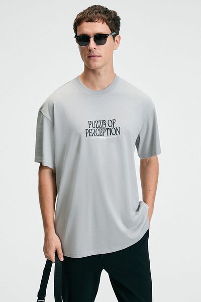GRIMELANGE Feast Men's 100% Cotton Oversize Fit Printed Short Sleeve Round Neck Light Gray T-Shirt