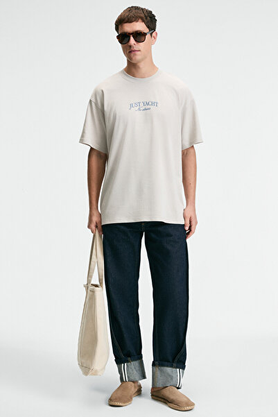 GRIMELANGE Veyron Men's 100% Cotton Oversize Fit Printed Short Sleeve Round Neck Beige T-Shirt