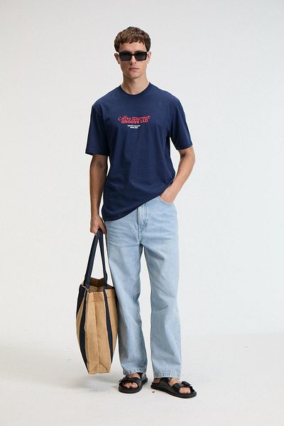 GRIMELANGE Bite Men's Oversize 100% Cotton Printed Round Neck Navy Blue T-Shirt