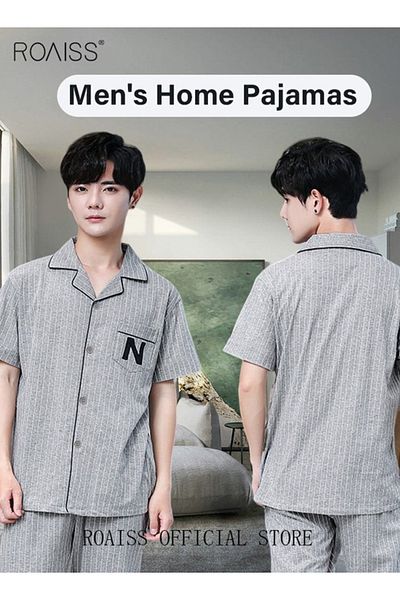 ROAISS 2-Piece Pajama Set Men's Cotton Short-Sleeved T-Shirt Long Pants Sets
