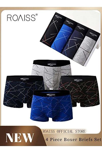 ROAISS Set of 4 Men's 95% Cotton Boxer Shorts Breathable Soft Underwear Summer High Stretch Seamless Underw