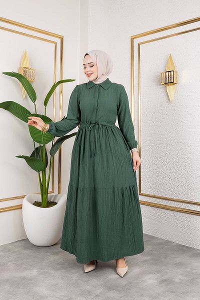 Nevayla Moda Lara υφασμάτινο γυναικείο φόρεμα με μισό κουμπί - Χακί / E0121