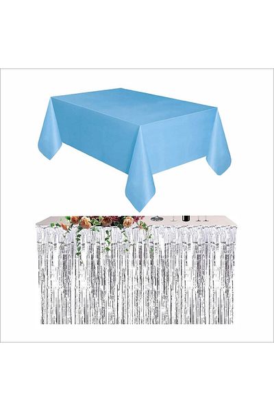 ZENVİVA Blue Table Cover, Silver Table Skirt, Silver Background