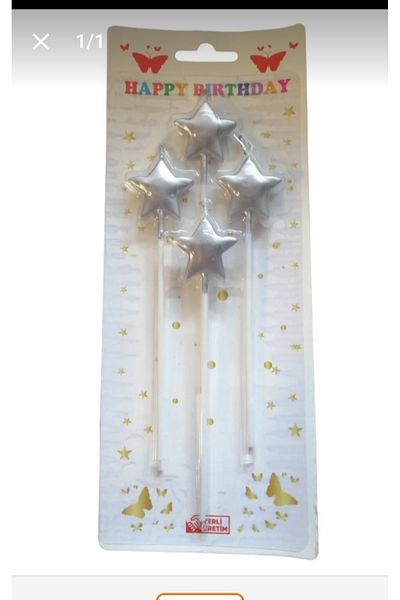 PartAntalya Cake Candle Star Model Silver Color 4 Pieces 14cm Star Silver