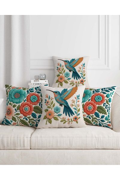 Şah Dekor Bohemian Boho Themed Red Gray Cream Color Digital Printed Gift Set of 4 Throw Pillow Pillowcases