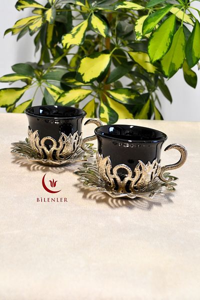 Bilenler Set of 2 Silver Patterned Zamzam Set and Coffee Cup Set |   Stylish Presentation with Metal Plate and Cup Coaster