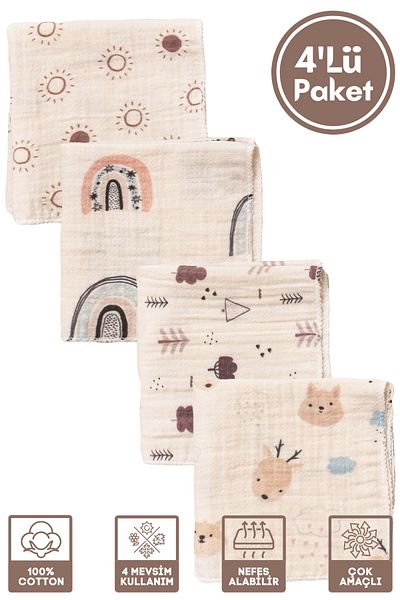 Miniel Unisex Baby 100% Organic Cotton Printed Muslin Baby Mouth Wipes & Sweat Cloth Set of 4 25X25 cm