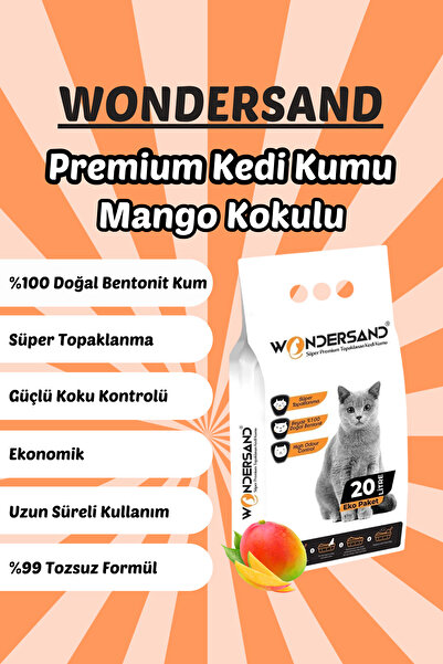 wondersand 20 Litre %100 Beyaz Bentonit Ince Tane Mango Kokulu Topaklanan Premium Kedi Kumu