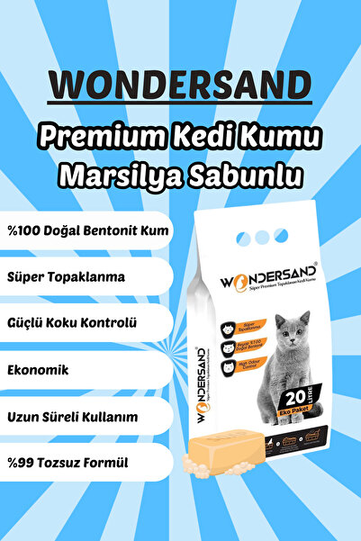 wondersand 20 Litre %100 Beyaz Bentonit Kalın Tane Sabun Kokulu Topaklanan Premium Kedi Kumu
