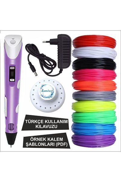 ZENVİVA Purple Color 3D Pen + 10 Colors Total 100 Meters Pla Filament + Template