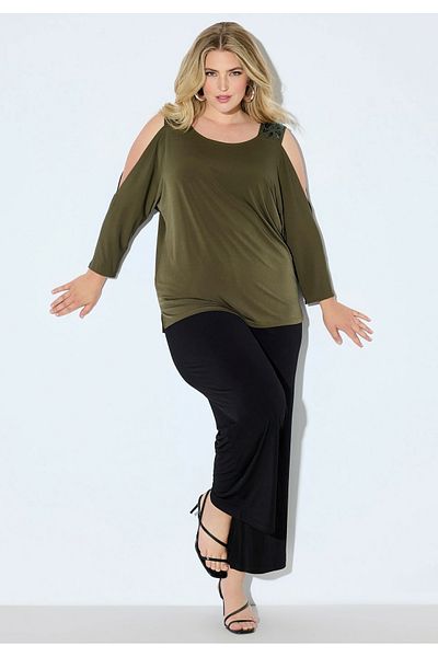 Şans Women's Plus Size Khaki, Off-The-Shoulder, Sequin and Bead Embroidered Jersey Blouse 65N38966