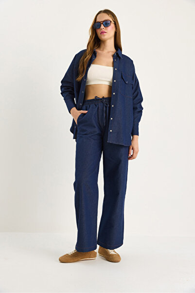 Bianco Lucci Women's Oversize Shirt Denim Bottom Suit with Palazzo Pants | Models: 60416 & 60283047