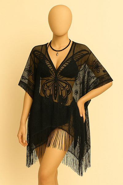 voops Black Butterfly Patterned Lace Casual Pareo