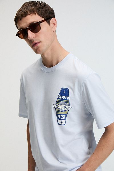 GRIMELANGE Savor Men's Oversize 100% Cotton Printed Round Neck Blue T-Shirt