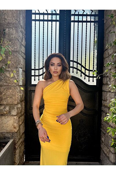 SHEYMA Tek Omuz Drapeli Kadın Midi Elbise