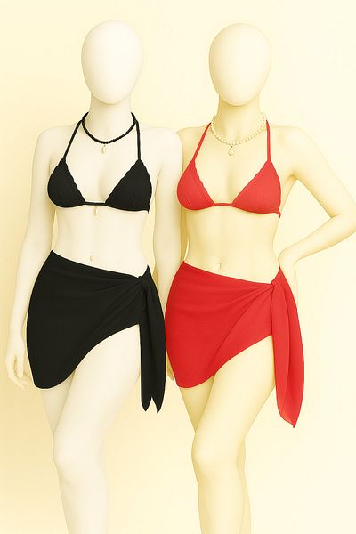 voops Set of 2 Beach Pareo Chiffon Black and Red 150X50
