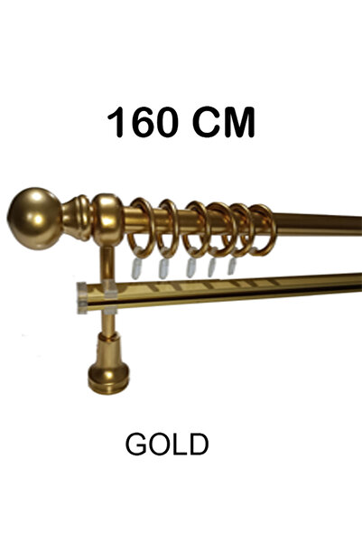 PERDE Mix 160 Cm Gold Metal Borulu Ahşap Ayak Ve Başlıklı Tek Raylı Rustik Pe...