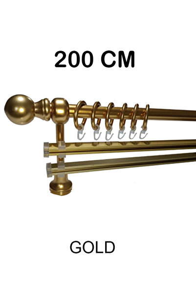 PERDE Mix 200 Cm Gold Metal Borulu Ahşap Ayak Ve Başlıklı Çift Raylı Rustik P...