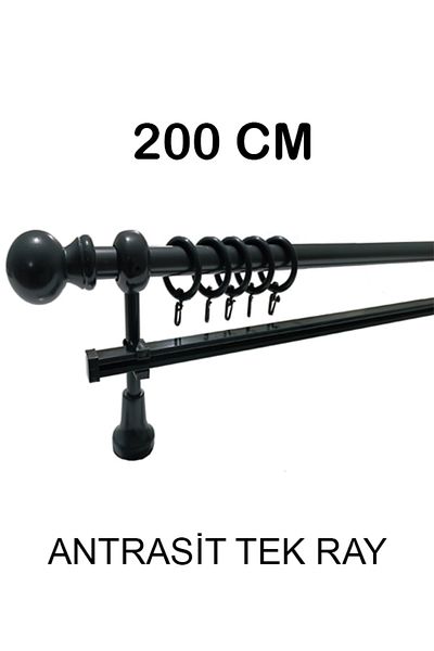 PERDE Mix 200 cm Anthracite Metal Pipe Single Rail Rustic Curtain Hanger with Wooden Leg and Headboard