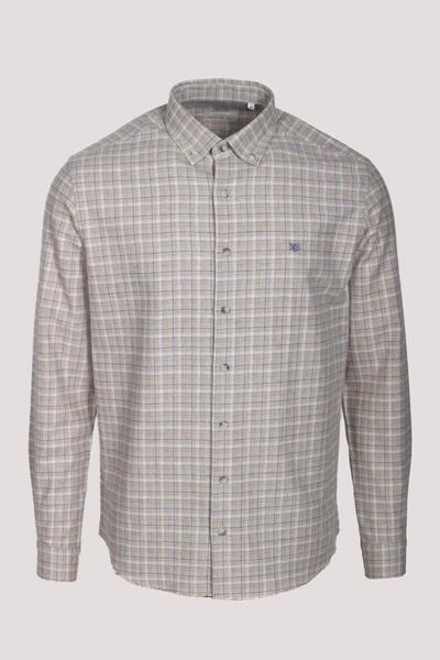 NCS Men's Shirt Beige Long Sleeve Plaid Checkered Flannel Wool Buttoned Slim Fit Button Collar Shirt Jeans 7270