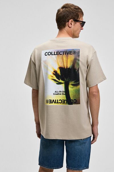 GRIMELANGE Collective Men's Front Embroidery Back Print Detailed 100% Organic Cotton Oversize Short Sleeve Stone Color T-Shirt
