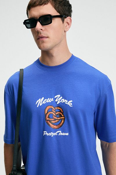 GRIMELANGE Crisp Men's Oversize 100% Cotton Printed Round Neck Saks Blue T-Shirt