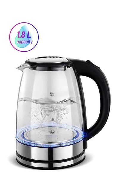REFURA 1.8L Electric Glass Cordless Kettle with Auto-Shut Off Function 1500W Black/Silver