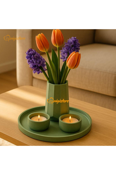 EL YAPIMI Dekoratif 4 Parça Yeşil Set - Tepsi, Vazo, Mum (ÇİÇEK DAHİL DEĞİLDİR)