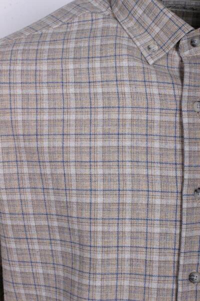 NCS Men's Shirt Beige Long Sleeve Plaid Checkered Flannel Wool Buttoned Slim Fit Button Collar Shirt Jeans 7270