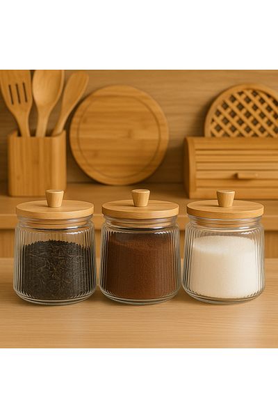 ENYAZA(2024) 3-Piece Bamboo Vacuum Lid Striped Glass Tea Sugar Coffee Salt Pulses Storage Jar 800 ml